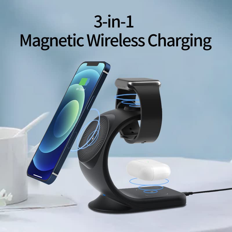 3 in 1 Magnetic Charging Station Compatible for iPhone 16 15 14 13 12 Pro/Max/Mini, for AirPods Pro/2, for iWatch 6/SE/5/4 with Sail Style Black
