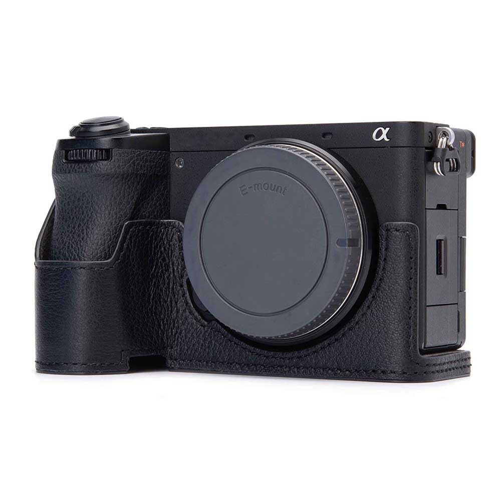 a6700 Vintage Genuine Leather Camera Case for Sony Alpha 6700 ILCE-6700 Handmade Half-Wrap Camera Protector Cover (Black-Black line)