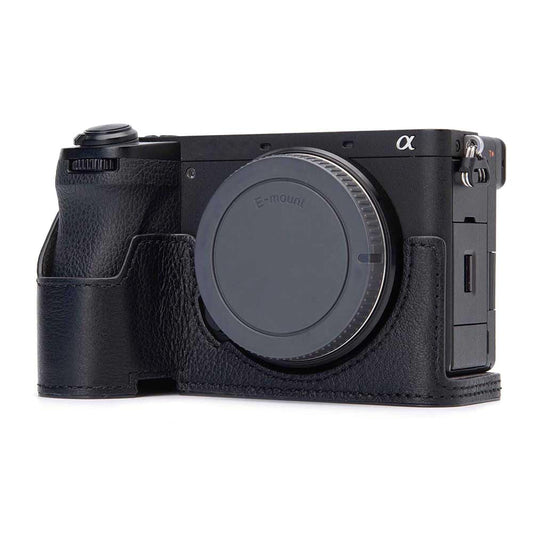 a6700 Vintage Genuine Leather Camera Case for Sony Alpha 6700 ILCE-6700 Handmade Half-Wrap Camera Protector Cover (Black-Black line)