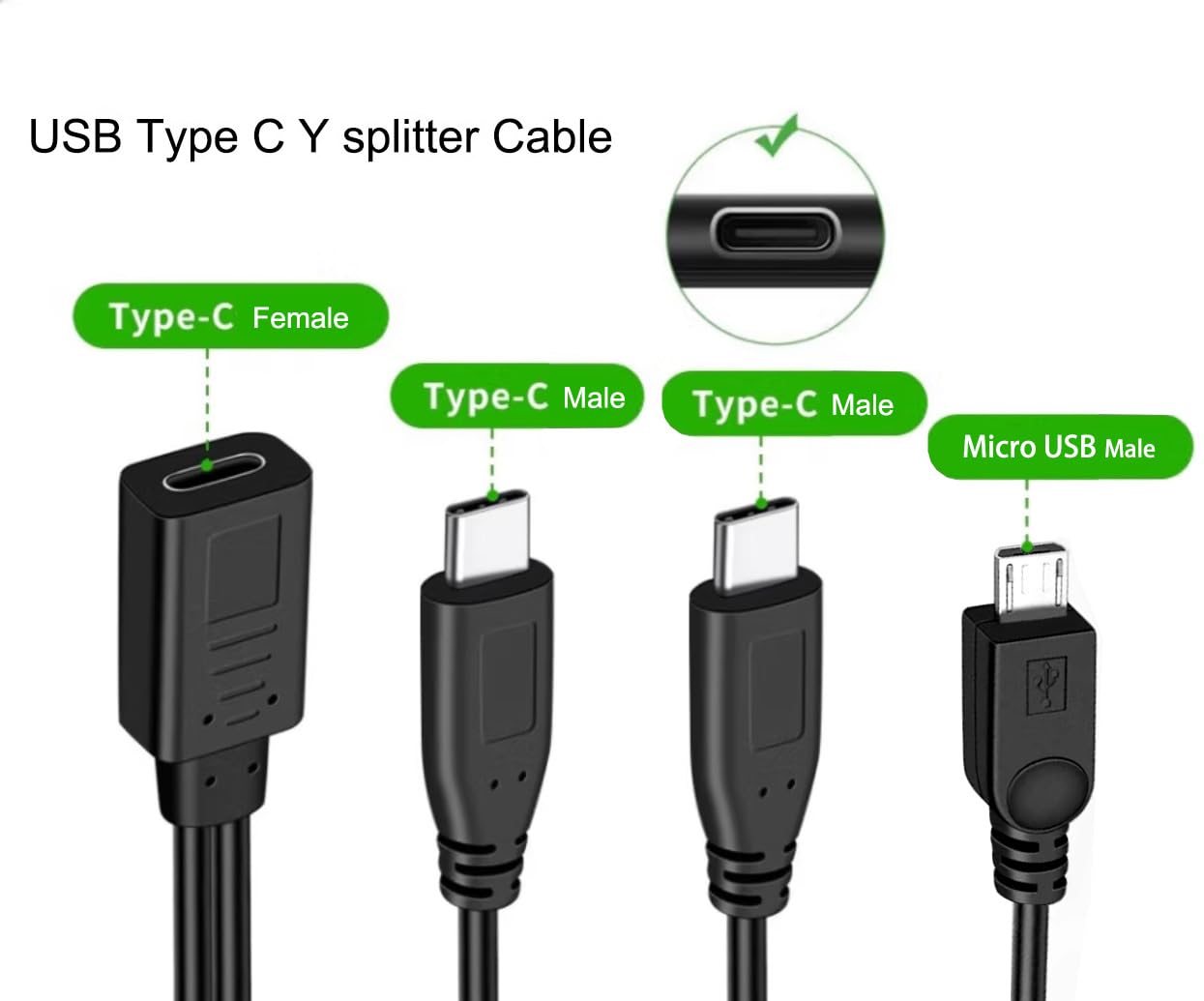 Qaoquda USB C Splitter Charge Cable,1 Feet USB Type C Female to 2 Type C +1 Micro USB Male Splitter Extension Charging Cable, 3 in 1 Fast Charging