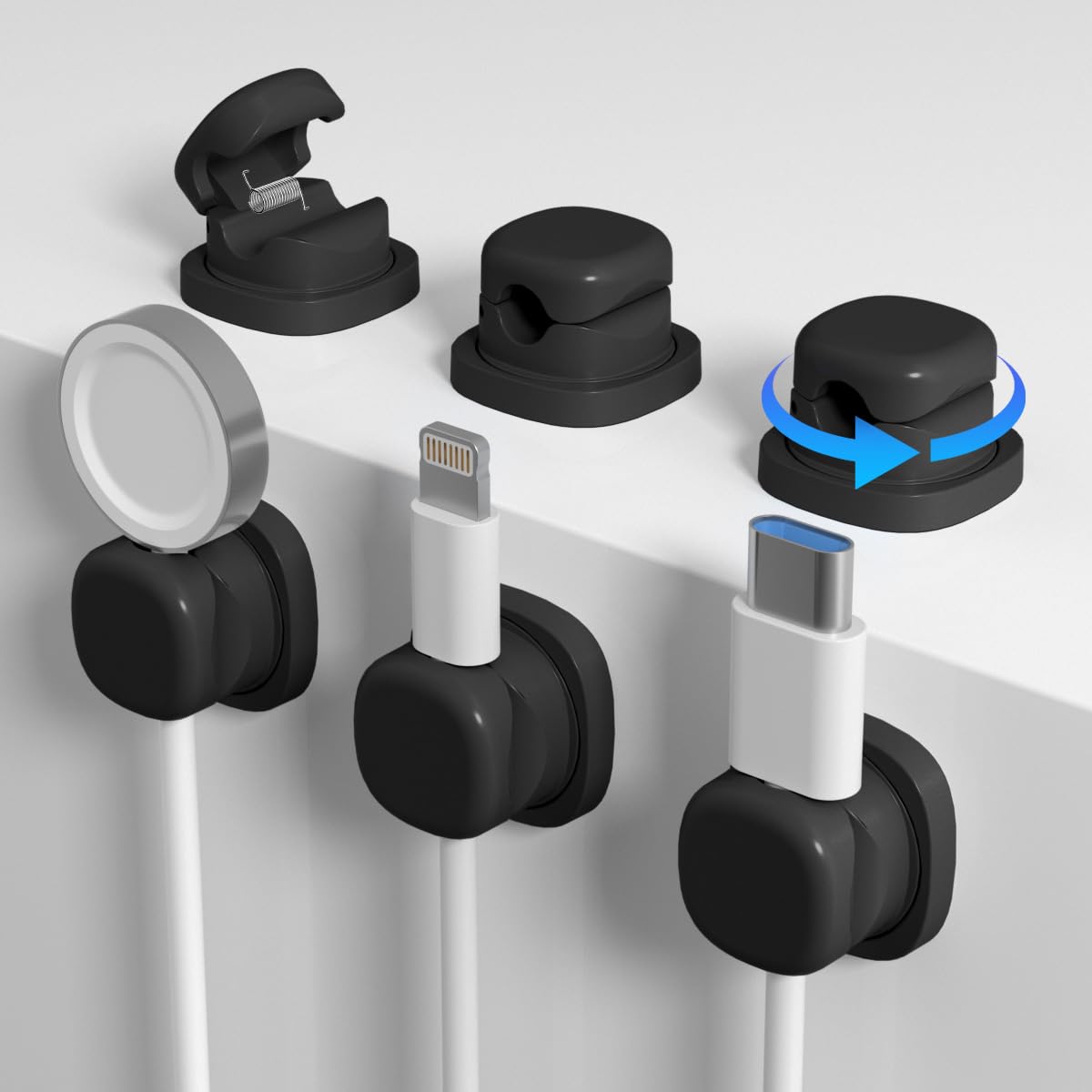 6 Pack [1s Lock] Spring Cord Holder Clips,Upgraded 360° Rotatable Cord Organizer, Strong Cable Holder, Adhesive Wire Keeper, Phone Cord Holder