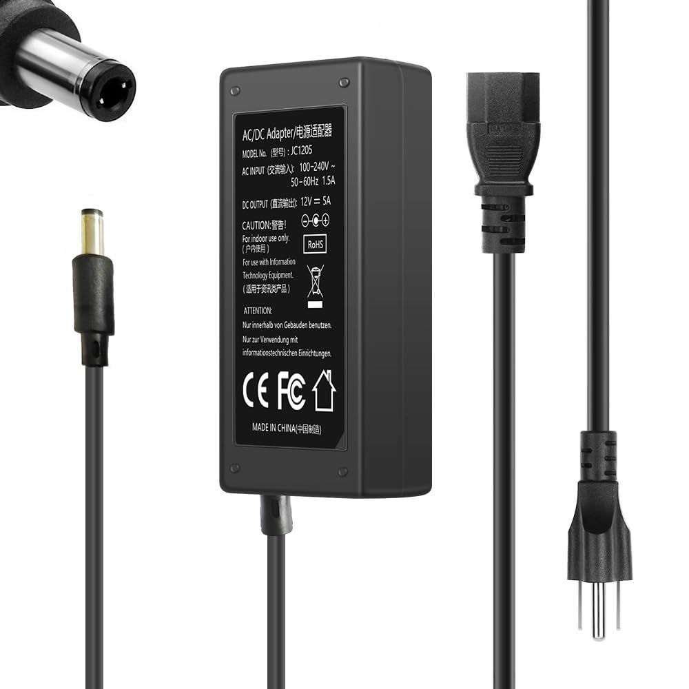 12V 5A DC Regulated Power Supply, AC100-240V 50-60Hz to DC 12 Volt 5 Amp Replacement Power Adapter Cord, 5.5mm x 2.5mm Barrel Jack, Tip Center…