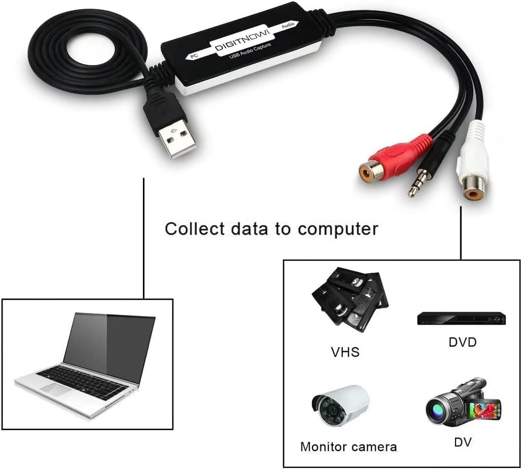 DigitPro USB 2.0 Audio Capture Card for Vinyl Records, Audio Grabber for Cassette Tapes to Digital MP3 Converter with Stereo RCA/3.5mm Music