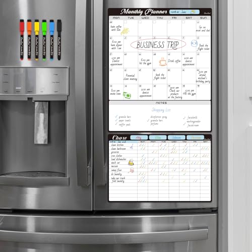 Magnetic Dry Erase Monthly Calendar Set - 15.5"x13" Monthly Calendar and 8.5"x13" Chore Board for Fridge - 6 Extra Fine Point Markers Included