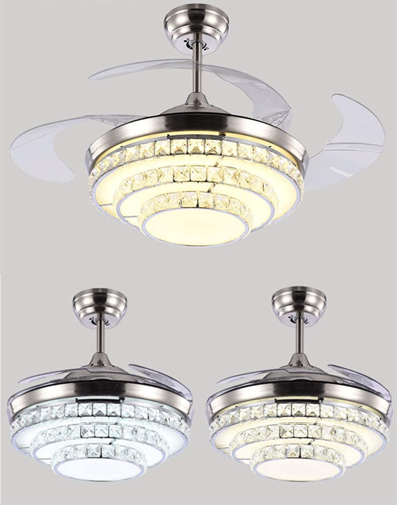 Angry Pryo 42" Crystal Invisible Ceiling Fans with Lights,Retractable Remote Control 3 Color 3 Speed LED Silent Modern Fan Chandelier Lighting
