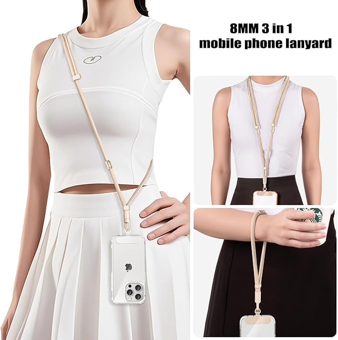 XHCLIUFB 3-in-1 Cell Phone Lanyard 1 Pack + Wrist Strap 1 Pack - Convertible Crossbody Strap with Locking Knob (1, Beige)