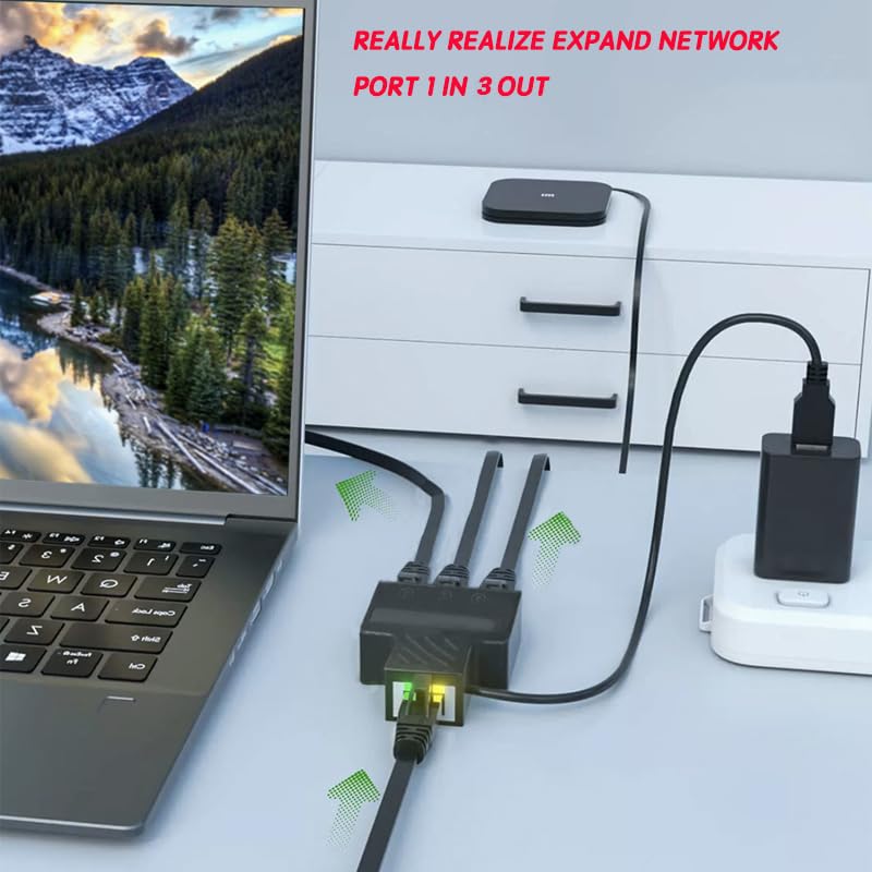 Aoiutrn RJ45 Network Splitter Adapter, USB to RJ45 Network 1 to 3 Dual Port Ethernet Socket Connector 8P8C Extender Plug LAN Interface