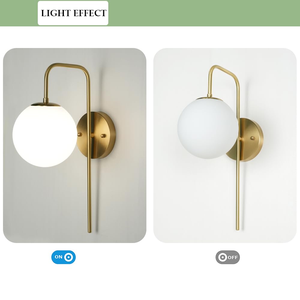 Aeyee Mid-Century Wall Sconce Lighting Modern Brass Wall lamp Gooseneck Arm Wall Light Fixture with Glass Globe Shade