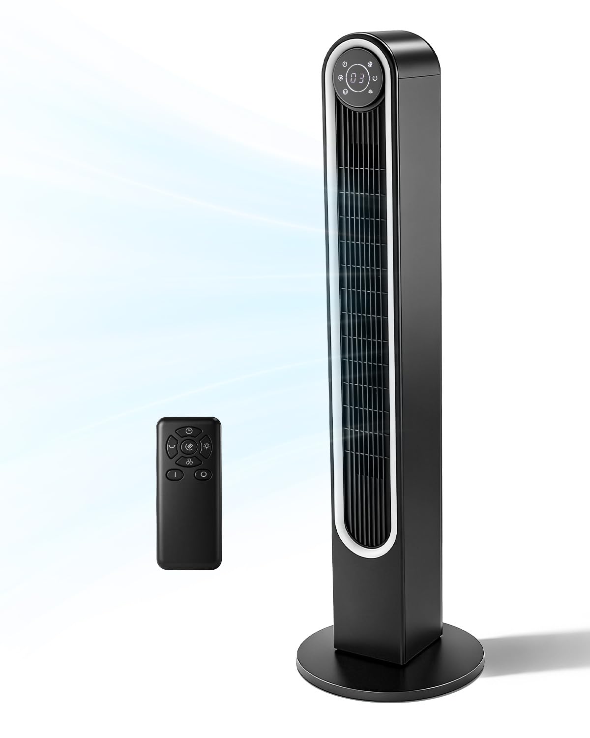 Pinikuyiro 32" Black Bladeless Tower Fan for Cooling for Home Office Bedroom, Ultra-Quiet, Portable Floor Fan with Remote Control, Adjustable 90°