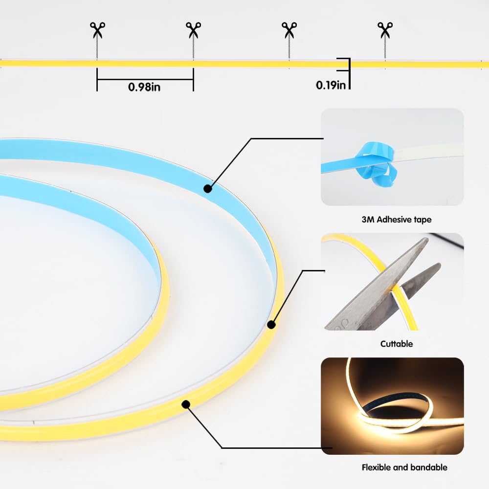 12V 3M/9.84ft COB LED Strip with Extension Cord Tail,6000K Cold White,400LEDs/M,CRI 90+,5mm Width,Uniform Dotless LED Tape Light for Cabinet Camper