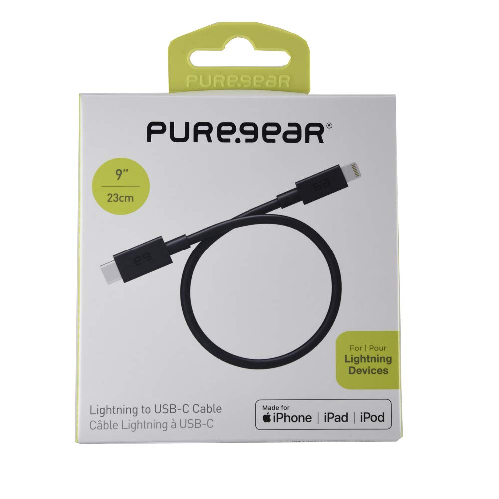 PureGear USB C to Lightning Cable, Apple MFi Certified Charging Data Sync Cable Support Power Delivery and Type C Chargers, Black (9 Inch)