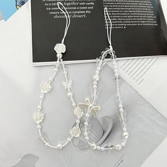 WLngtv 2 Pcs White Mobile Phone Lanyard Universal Chain Black Bow White Pearl Beaded Phone Lanyard Wrist Strap Anti Lost Phone Charm Strap Fashion