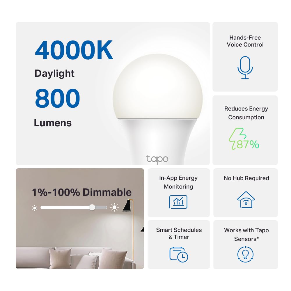 TP-Link Tapo Smart Light Bulbs - Natural Daylight, Dimmable, Compatible w/Alexa and Google Home, A60 Bulb/E27 Base, 60W Equivalent, 800LM CRI>90
