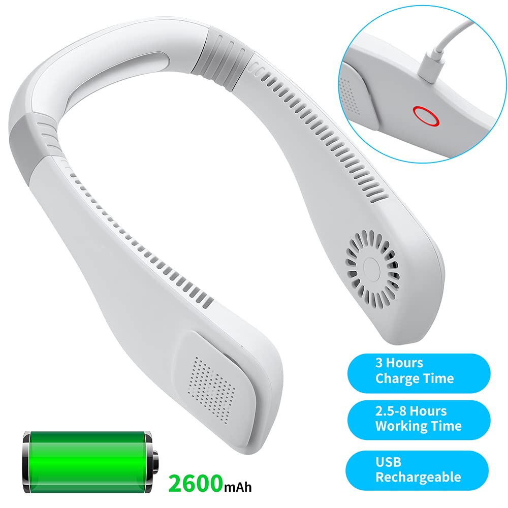 zeriyu Portable Neck Fan, 2600mAh Wearable Personal Fan, 360° Adjustable Cooling Hanging Fan with USB Rechargeable, 3 Speed Bladeless Neck Fan