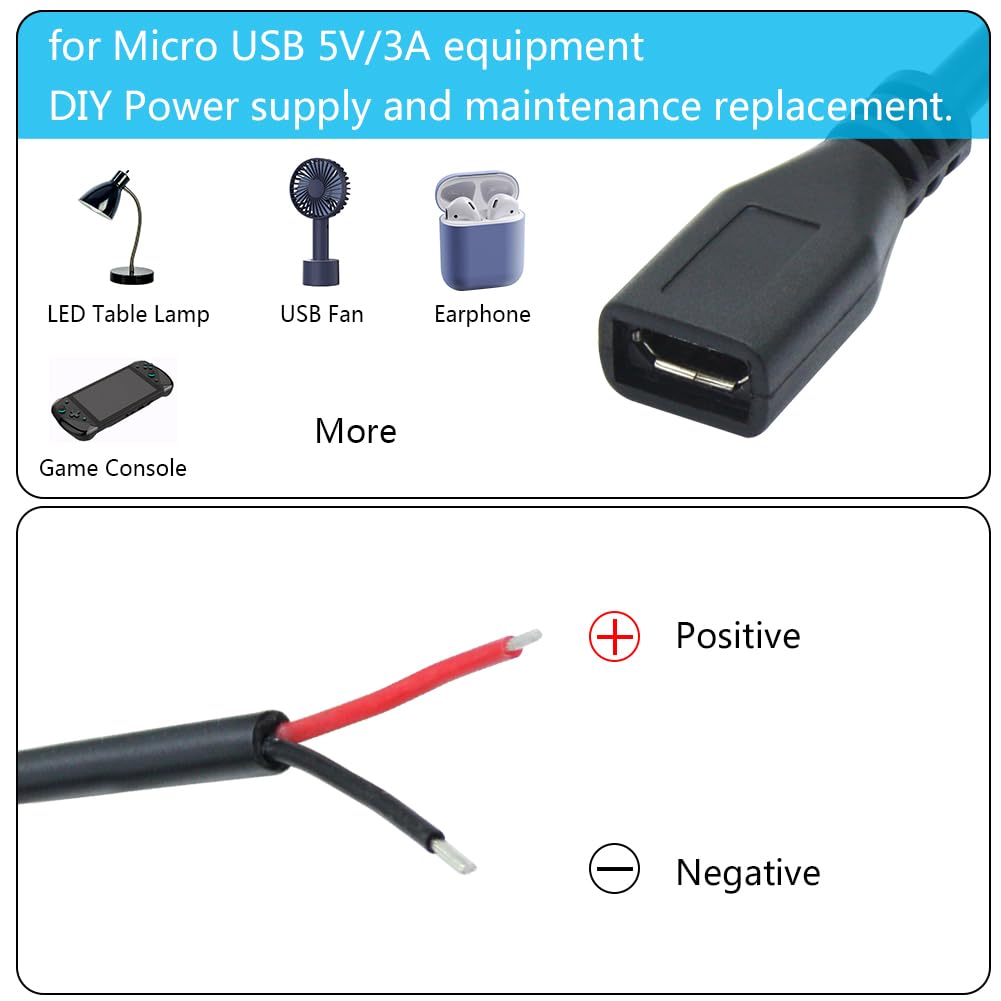 Short Micro USB Female 2 Pin Bare Wire,30cm/11.8in Micro USB to Open End Pigtail Power Cable Easy Soldering,Micro USB 22AWG 3A for Micro USB Equipment
