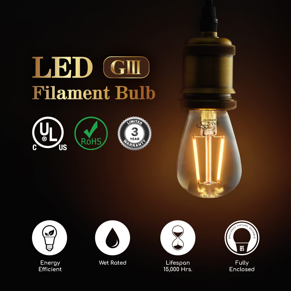Euri Lighting ES14-2W1120, Non-Dimmable S14 Filament for String Lights, 2W (25W Equal), Warm White (2700K),180lm, 80CRI, E26, Wet & Enclosed Rated,15K
