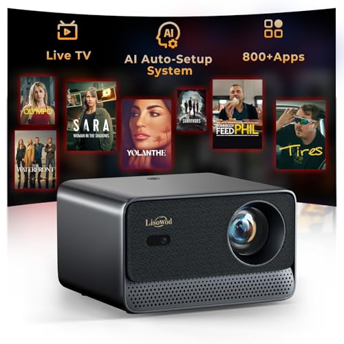 Projector with WiFi and Bluetooth: [1800 ANSI/Ai Auto Focus/800+ Apps/Compatible with Netflix] Outdoor-Projector 4K Support 1080P Smart Live TV Movie
