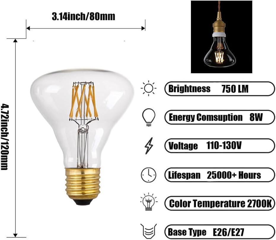 Beriteluce LED Vintage Edison Bulb, Dimmable, LED Flood Light Reflector, R80/BR30 8W (80W Equivalent), 750 Lumen, 2700K (Warm White), Medium Base E26