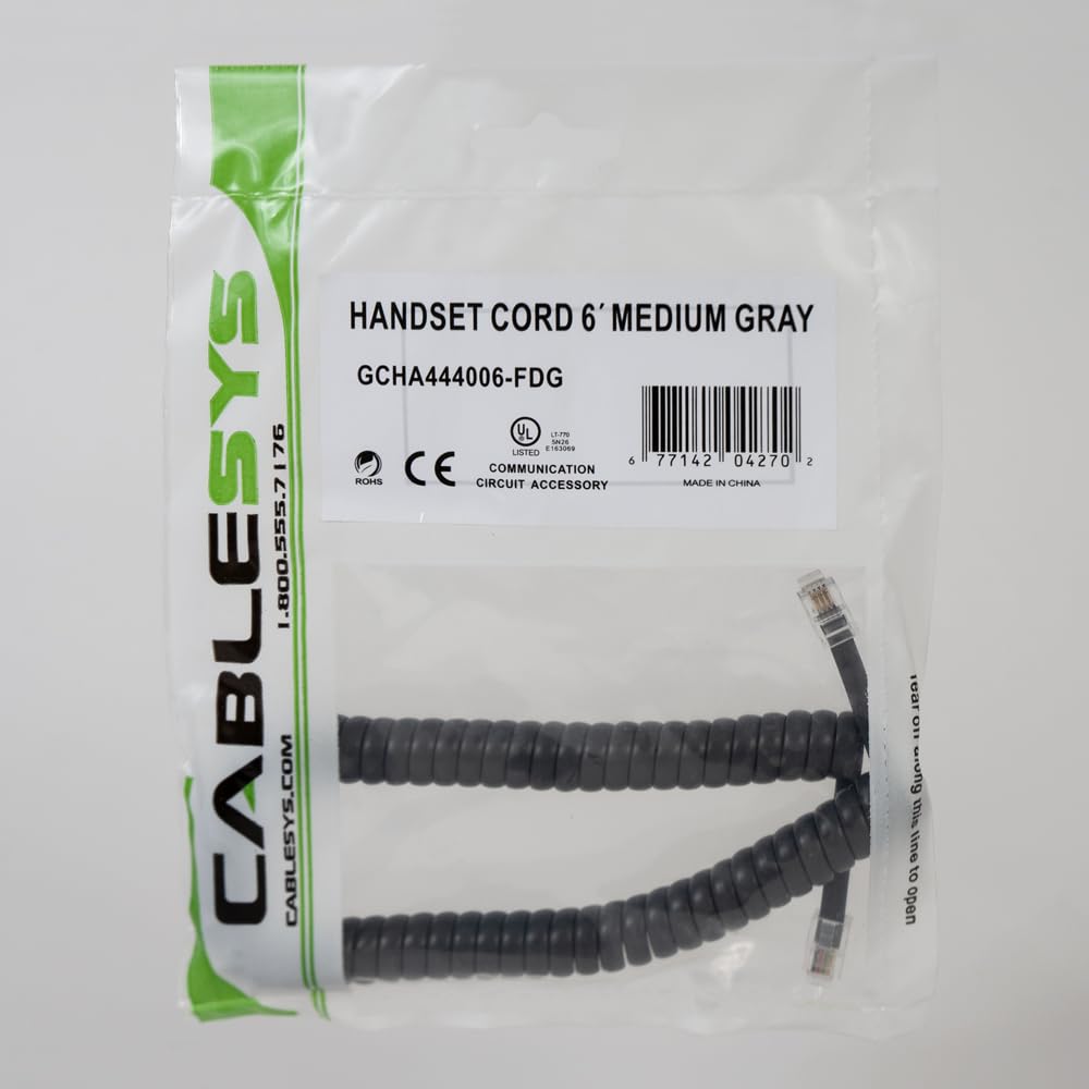 Cablesys ICC Coiled Telephone Handset Cord for Use with PBX Phone Systems, VoIP Telephones - 6 Ft Uncoiled, Rj22, 1.5 Inch Lead on Both Ends, Dim Gray