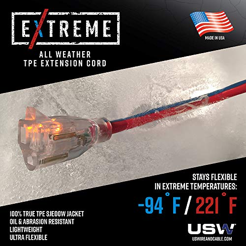 US Wire and Cable 14/3 Gauge x 100-Foot Extreme Cold Weather Triple Tap Extension Cord - Heavy-Duty, 221°F to - 94°F Rating, Lighted Plug, SJEOOW