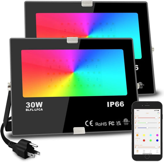 Led Flood Light 30W, 300W Equivalent 3000 LM Outdoor Color Changing Led Stage Landscape Lights, Bluetooth RGBW Smart Floodlights 2700K & 16 Million