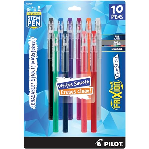 Pilot FriXion ColorSticks Erasable Gel Ink Pens, Fine Point 0.7 mm, Assorted Colors, Pack of 10, Erasable Pens - Ideal for School, Journaling