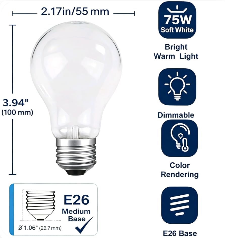 JUNFMLY 75 Watt Incandescent Light Bulbs, A19 Frosted Incandescent Rough Service Light Bulb, E26 Medium Base 110-130V,2700K Soft Warm White, (6 Pack)