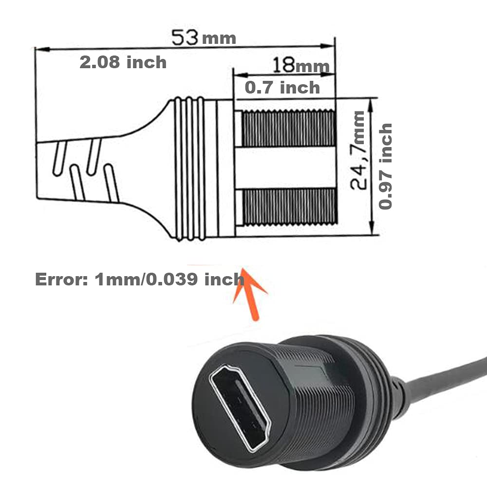 Kework 0.3 Meter HDMI 4K@60Hz Flush Mount Cable, 18Gbps HDMI 2.0 Version Male to Female Dashboard Panel Mount Extension HD Cord for Car Truck Boat