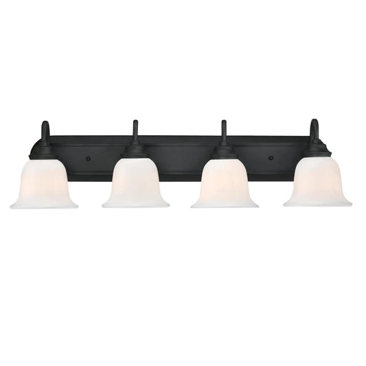 Westinghouse 6117100 Harwell Traditional Four-Light Indoor Vanity Light Fixture, Matte Black Finish, White Opal Glass