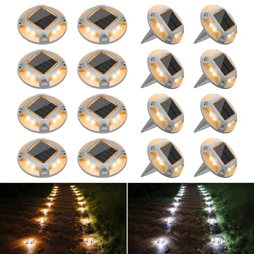 VOLISUN Solar Driveway Lights Dock Deck Lights 16 Pack,2 Colors in 1 Led IP67 Waterproof Outdoor Warning Step Lights for Driveway Sidewalk Pathway
