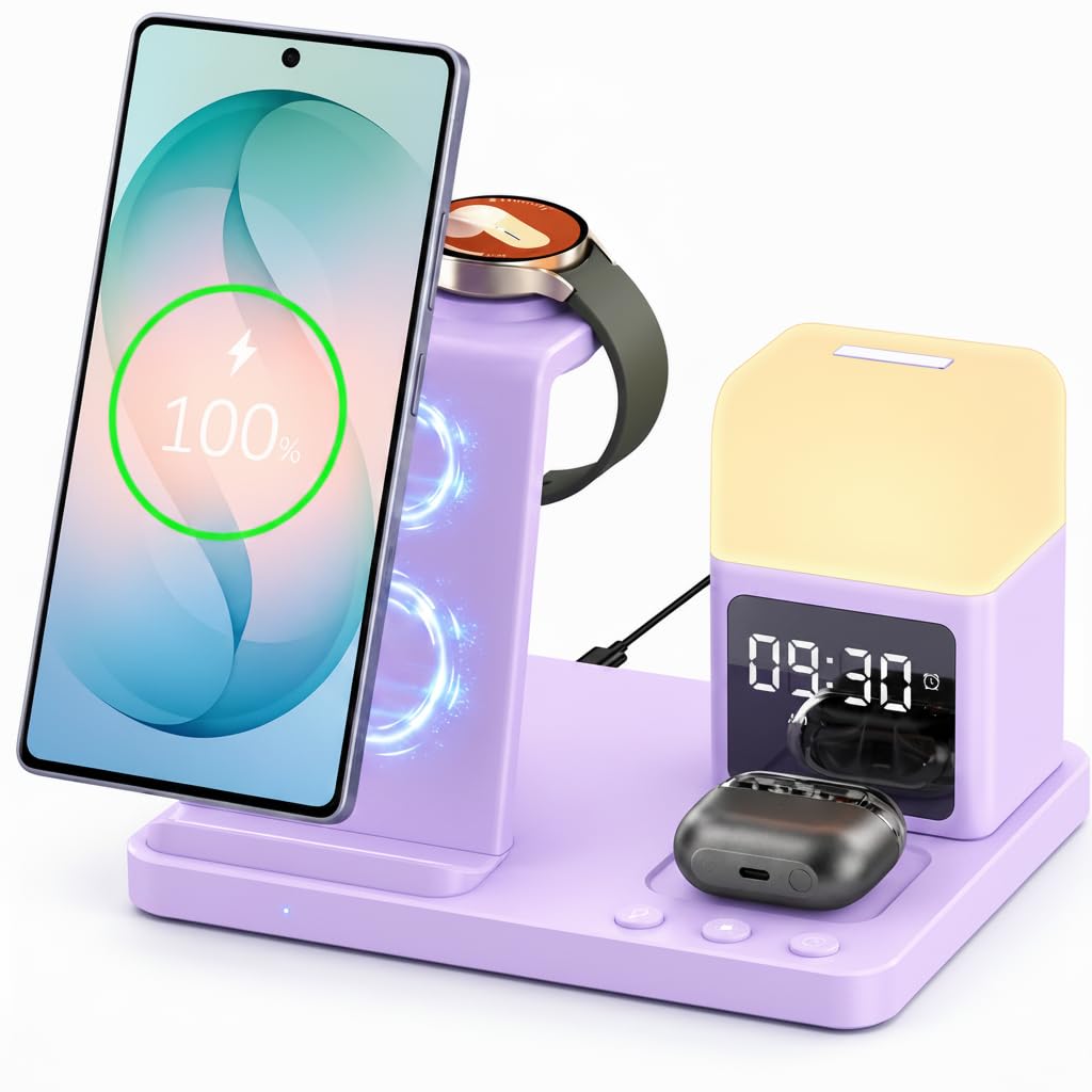 Wireless Charger for Samsung/Android, 6 in 1 Phone Nightstand Charging Station Charger with Alarm Clock/Night Light for Samsung S25/S24/S23