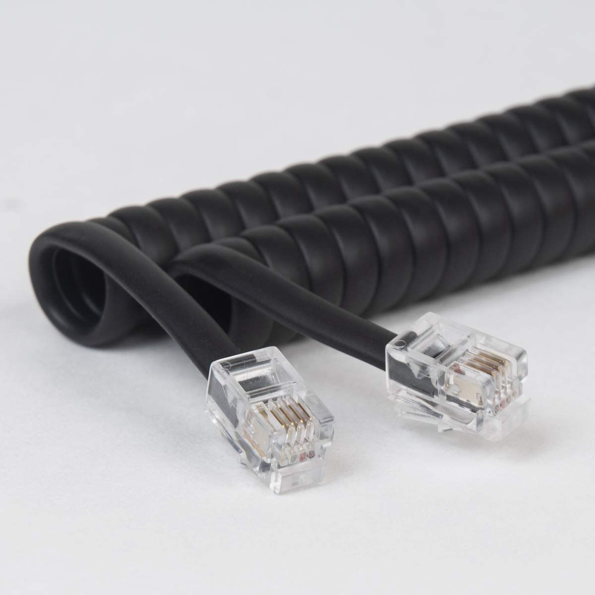 Cablesys Coiled Telephone Handset Cord for Use with PBX Phone Systems, VoIP Telephones - 12 Ft Uncoiled, Rj22, 1.5 Inch Lead on Both Ends, Flat Black