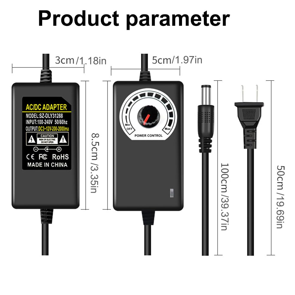 Multi-Functional 12V PC Fan Speed Controller,Fan Power Supply,100-240V AC to 3-12V DC 24W Adjustable PC Fan Power Adapter,with Fan Splitter Cable,DC