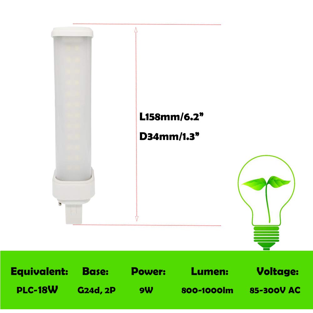 2pcs 9W G24d 2P LED Bulb E-Simpo Horizontal Recessed 6.2"/158mm 800-1000lm 2U Retrofit CFL PL-C 18W Equivalent 180D Beam Pin Base LED Plug-in Bulb