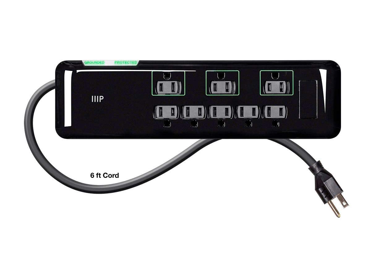 Monoprice 8 Outlet Mini Surge Protector - Heavy Duty Cord, UL Rated 3,420 Joules With Grounded And Protected Light Indicator, 6 Feet, Black