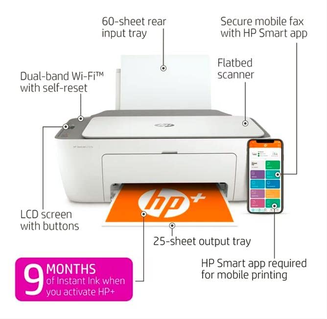 HP DeskJet 2723e All-in-One Wireless Color Inkjet Printer?Print Scan Copy - LCD Display, 4800 x 1200 dpi, 9 Months Free Instant Ink WiFi, Bluetooth