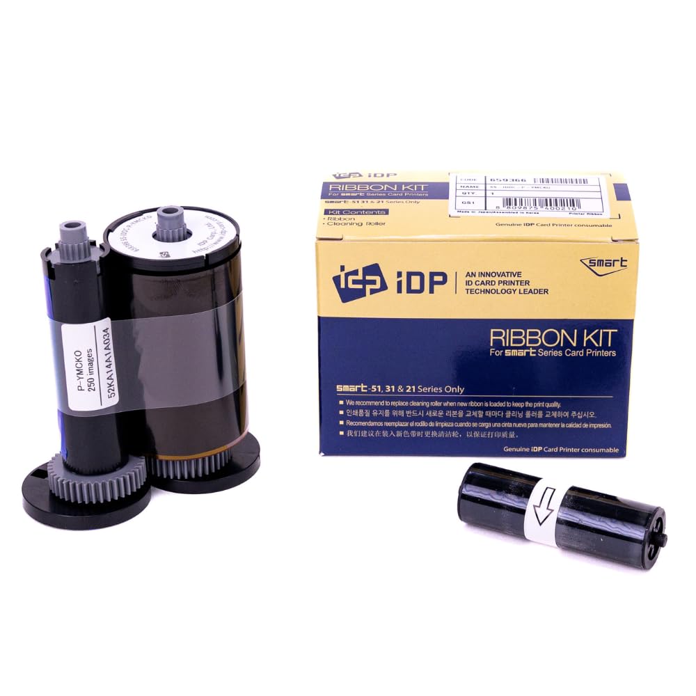 IDP Genuine SMART-31 and SMART-51 Series Card Printer Ribbon - YMCKO Color, Resin Black & Overlay Panel Ribbon w Cleaning Roller, 250 Cards/roll (Not