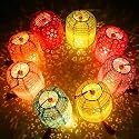10PCS Colorful Paper Lanterns 6inches Oval Shaped with LED Lights Hollow Out Hanging with Tassels Walking Sticks for Wedding Dinner Party Outdoor