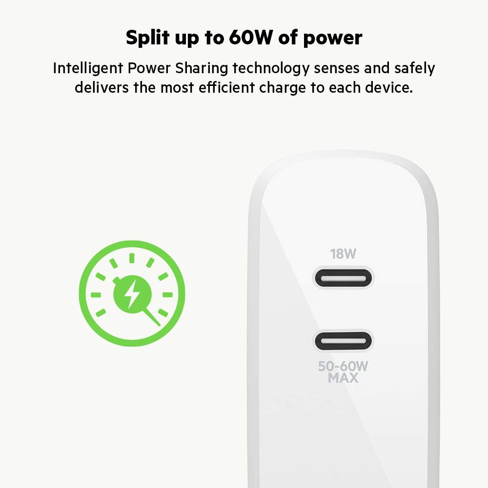 Belkin Dual Port USB C Charger Block 68W - GaN Fast Charging - Type C - USB-C PD Charge for Apple iPhone 17, Air, Samsung Galaxy S25, AirPods, iPad
