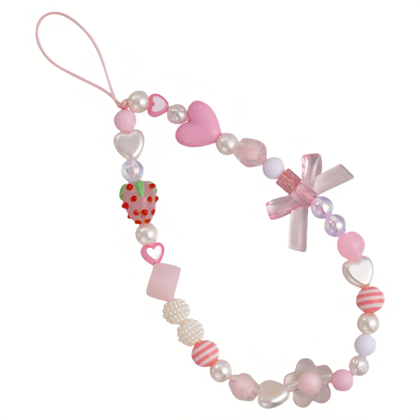 Strawberry Charm Phone Strap & Wristlet - Anti-Loss Sparkle Beaded Lanyard for Phone camera, Cute Kawaii Gift for Women Girls (Pink Pearl Bow), Short
