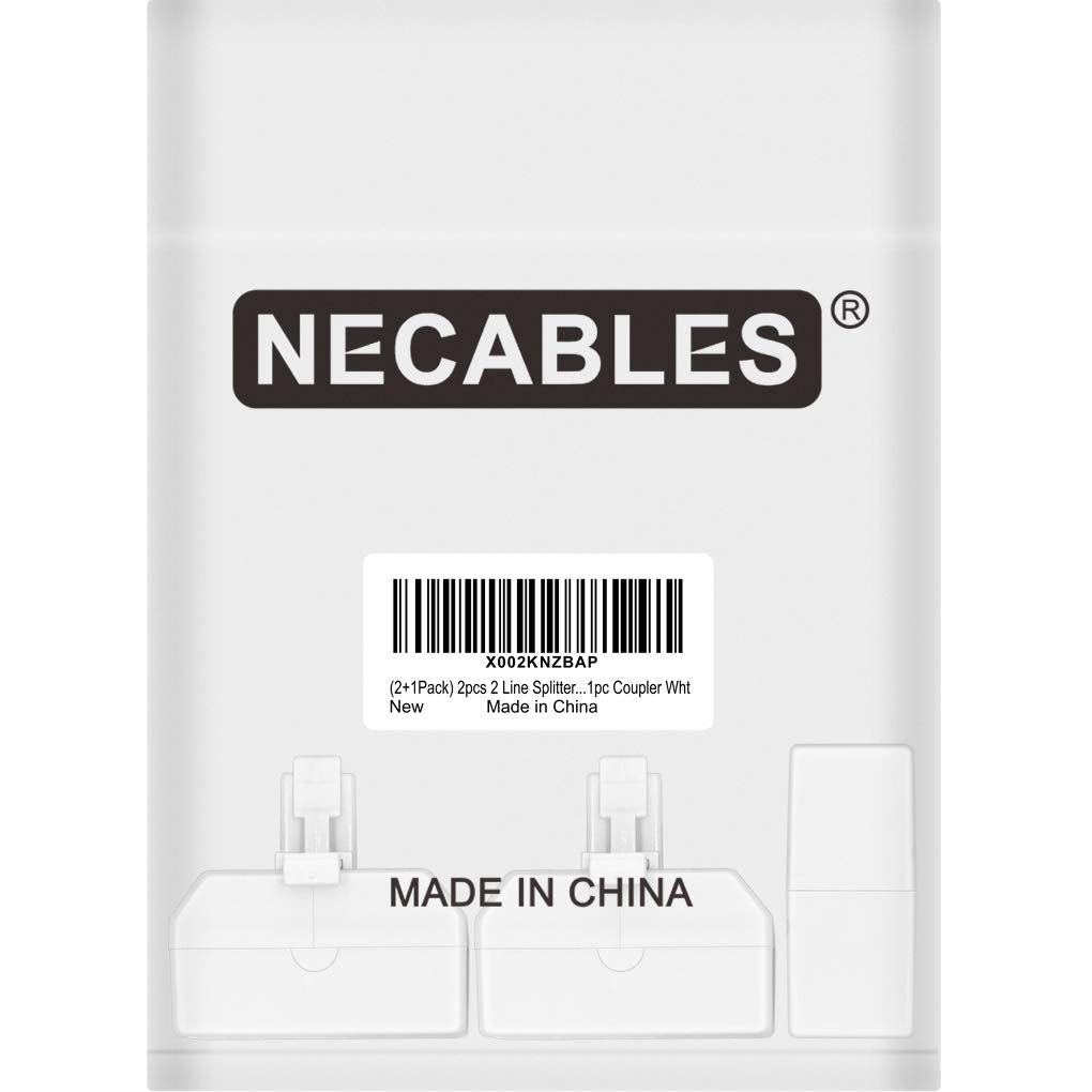 NECABLES 2+1Pack 2pcs Phone Jack Splitter 2 Line Adapter RJ11 1 Male to 3 Females (L1, L2, L1+L2) and 1pc Telephone Line Coupler White