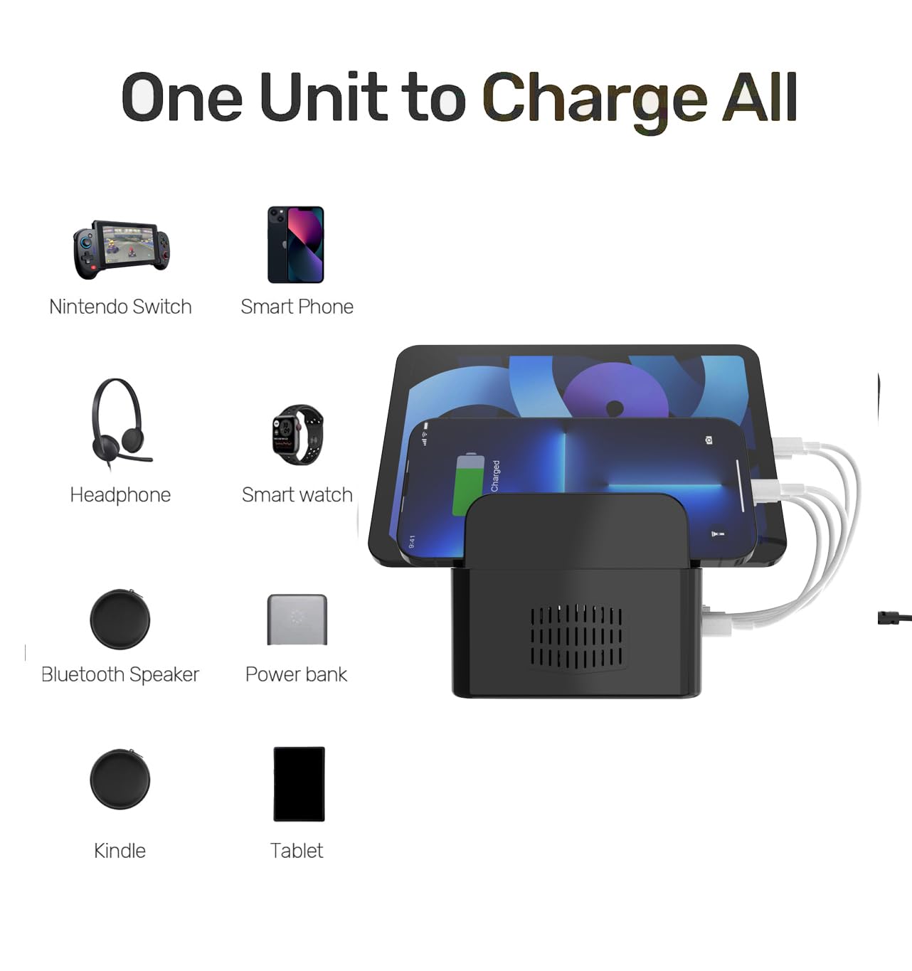 Qvouaw Multi Fast Charging Station,with 5 USB QC 3.0 Port,5V3A 12V1.5A?18W? 5-Port USB Charger for Multiple Device with SmartIC Tech Stand Compatible