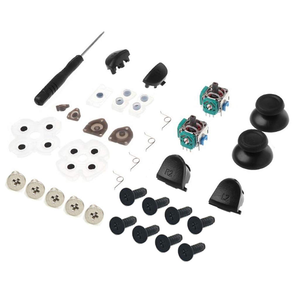 Onyehn L1 R1 L2 R2 Trigger Springs Replacement Parts Buttons,3D Analog Joysticks Thumb Sticks Cap Conductive Rubber Screwdriver Kit for PlayStation 4