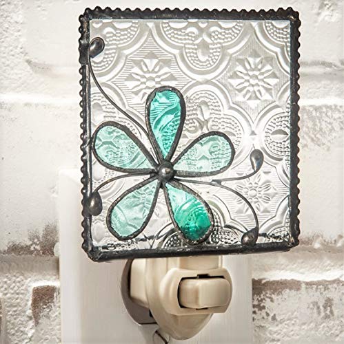 J Devlin Glass Art Flower Stained Glass Night Light, Turquoise Blue, Plug in nightlight for Bedroom/Bathroom/Stairway/Hallway Home Decor NTL 129-3