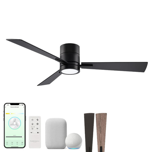 Bali 52in 3-Blade Smart Indoor or Outdoor Flush Mount Ceiling Fan 2700K-6000K CCT Tunable Range LED Light Kit in Matte Black with Reversible Black