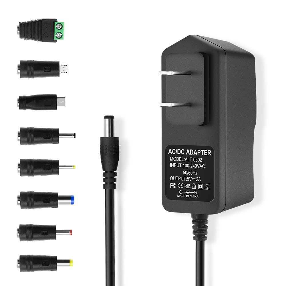 5V 2A 10W DC Power Supply Adapter, AC 100-240V 50-60Hz to 5 Volt 2 Amp 1.5A 1A Transformer, DC 5V Power Cord with 5.5 x 2.5mm Barrel & USB C for TV…