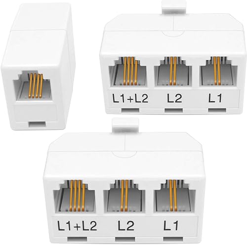 NECABLES 2+1Pack 2pcs Phone Jack Splitter 2 Line Adapter RJ11 1 Male to 3 Females (L1, L2, L1+L2) and 1pc Telephone Line Coupler White