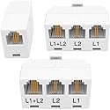 NECABLES 2+1Pack 2pcs Phone Jack Splitter 2 Line Adapter RJ11 1 Male to 3 Females (L1, L2, L1+L2) and 1pc Telephone Line Coupler White