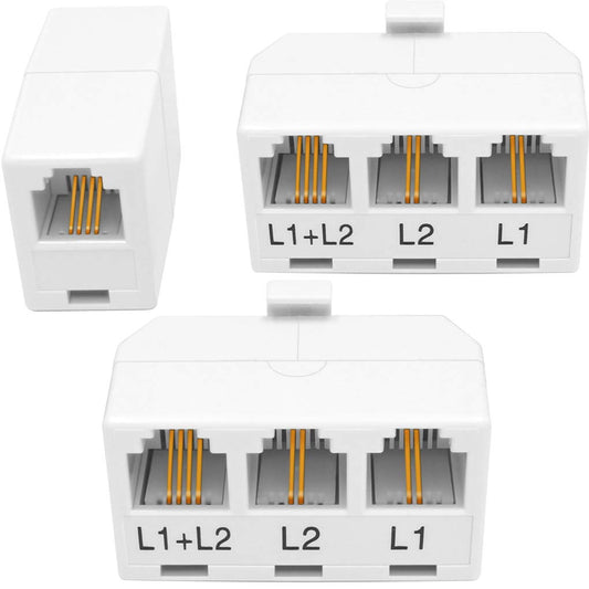 NECABLES 2+1Pack 2pcs Phone Jack Splitter 2 Line Adapter RJ11 1 Male to 3 Females (L1, L2, L1+L2) and 1pc Telephone Line Coupler White