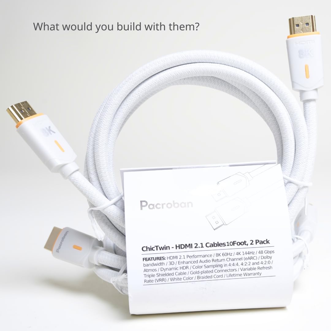 Pacroban Ultra High Speed 8K HDMI 2.1 Cable 2-Pack (10ft) - 8K@60Hz / 4K@144Hz, eARC, HDR, White Braided Cord for PS5, Xbox, TV, Monitor, PC